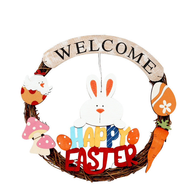 Wooden Rabbit Easter Egg Garland Pendant Wall Hanging Door Hanging