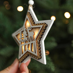 Christmas tree ornaments, decorative items, Christmas wooden accessories, luminous strip lights, white pentagram decoration, scene arrangement