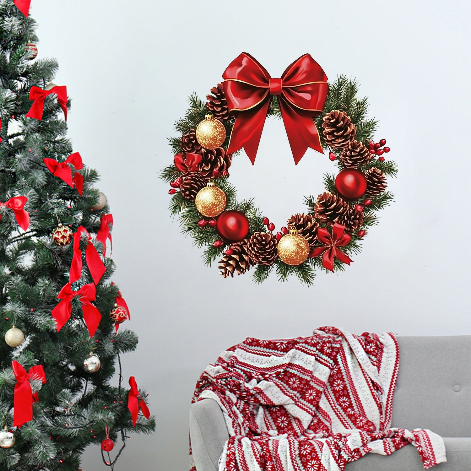 Christmas Red Bow Pinecone Christmas Ball Stickers Decoration Wall Stickers