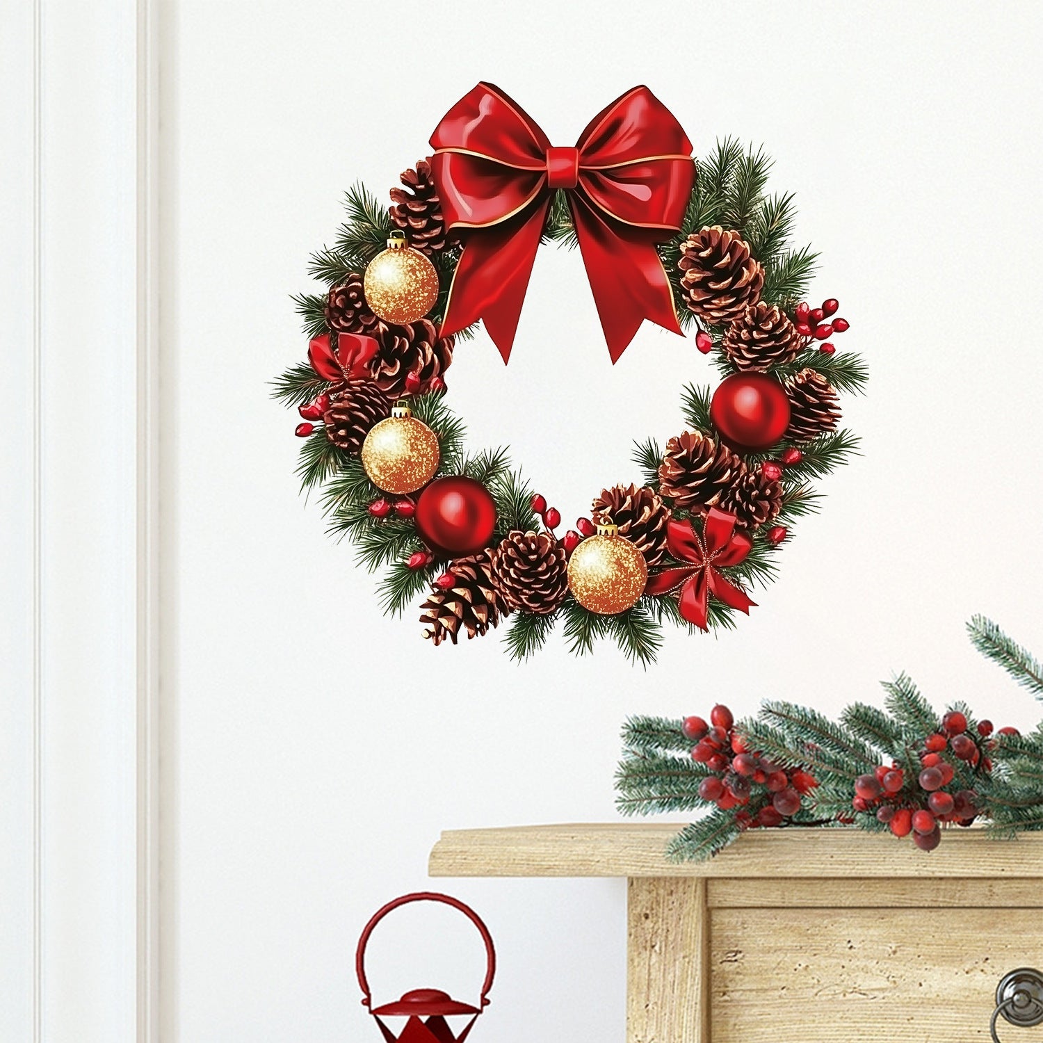 Christmas Red Bow Pinecone Christmas Ball Stickers Decoration Wall Stickers