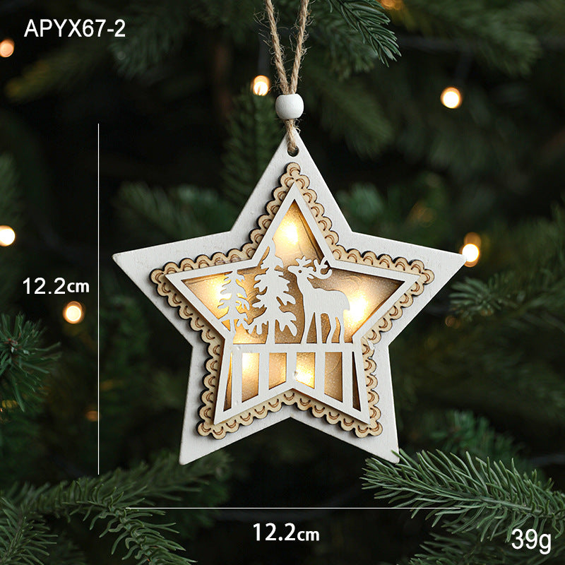Christmas tree ornaments, decorative items, Christmas wooden accessories, luminous strip lights, white pentagram decoration, scene arrangement