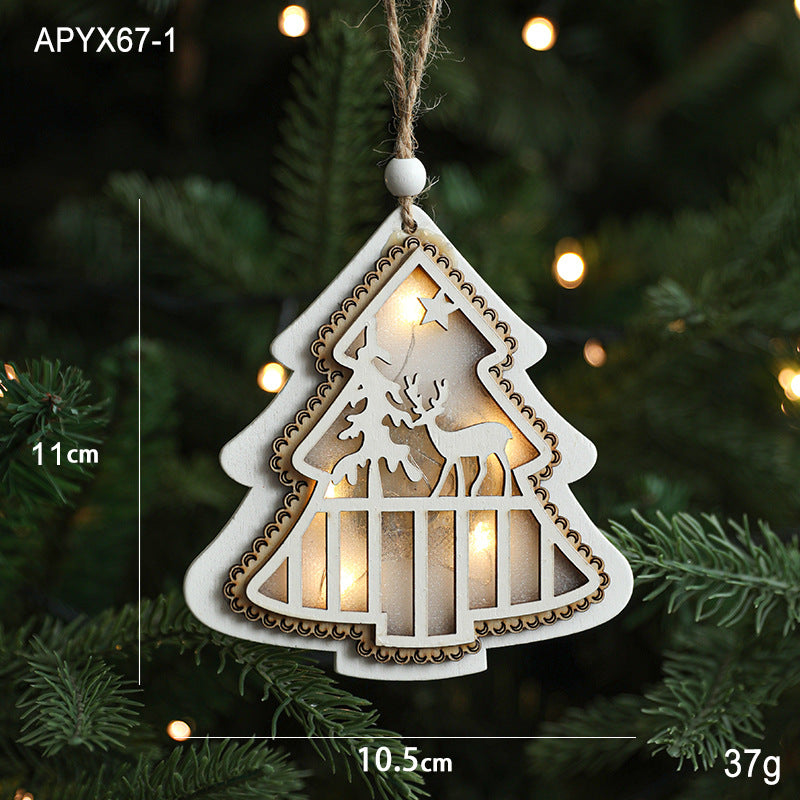 Christmas tree ornaments, decorative items, Christmas wooden accessories, luminous strip lights, white pentagram decoration, scene arrangement