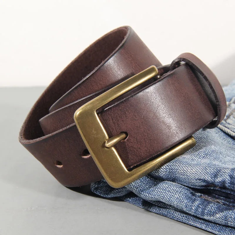 Vintage Luxury Handmade Leather Copper Buckle Man's Belt Cinturon Gotico Cowhide Retro All-match Casual Jeans Soft Belt ABC