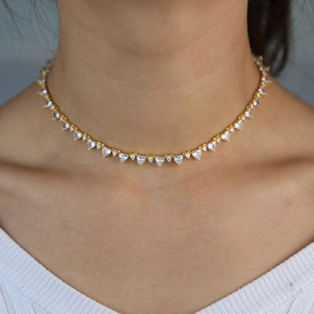 New Lover Valentine's Day Gift For Girlfriend Iced Out Sparking Bling 5A Round Heart Cubic Zirconia Cz Tennis Choker Necklace