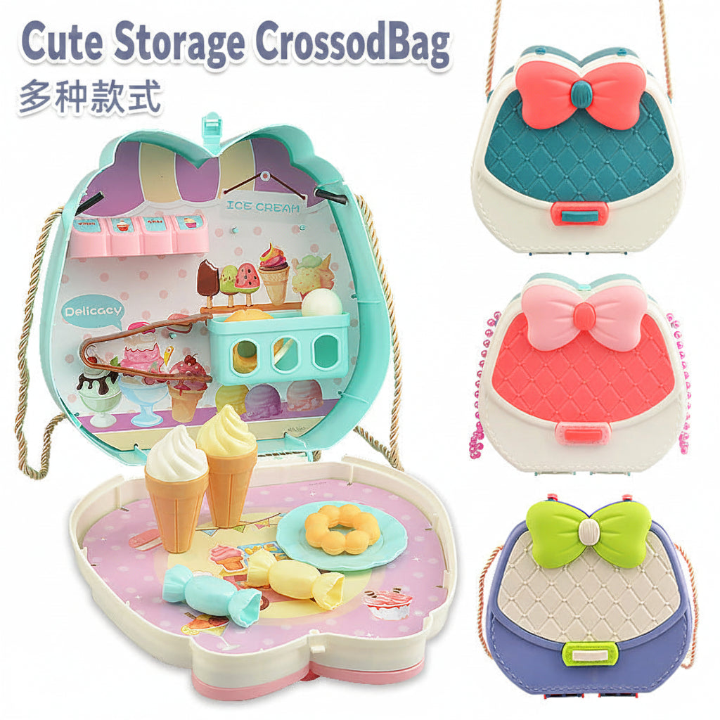 A children's toy picnic-themed storage backpack shown open with a pastel interior scene and accessories, plus three smaller closed views on the right showing different bow colors. The image includes Chinese text at the top and is photographed on a plain white background.