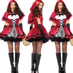 Halloween Fairy Tale Little Red Riding Hood Cos Costume Adult Drama Performance Costume Black and Red Dress with Shawl Hat