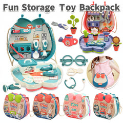 A children's toy doctor play set shown open and closed, with accessories including a stethoscope, toy microscope, plant pots, glasses, and a stethoscope. The set is displayed on a white background with Chinese text at the top and a small inset showing a child wearing the bag.