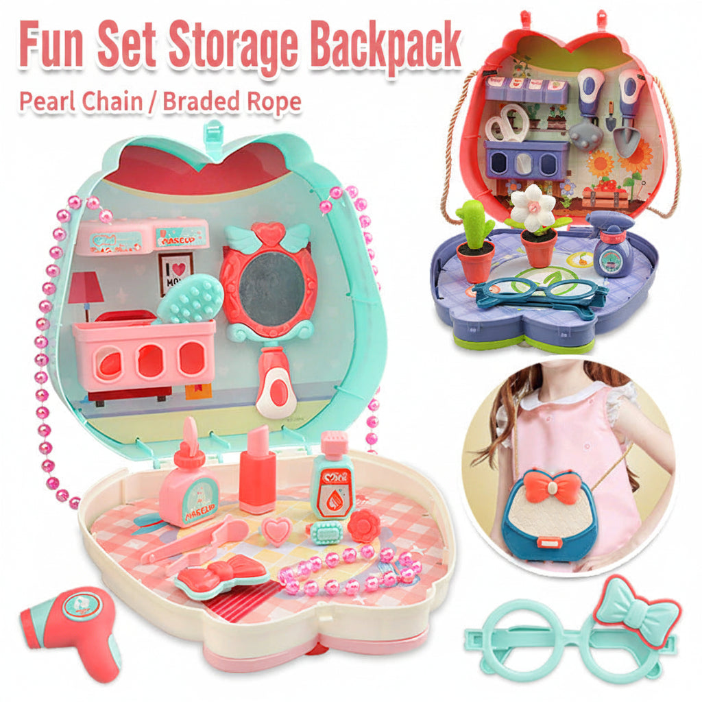 A children's play makeup bag set shown open and closed, with multiple accessories including a mirror, bottles, beads, flowers, tools, and eyeglasses. The main product is a heart-shaped play bag in pastel pink, teal, and red, with additional views showing the contents and a small inset of a child wearing it.