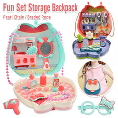 A children's play makeup bag set shown open and closed, with multiple accessories including a mirror, bottles, beads, flowers, tools, and eyeglasses. The main product is a heart-shaped play bag in pastel pink, teal, and red, with additional views showing the contents and a small inset of a child wearing it.