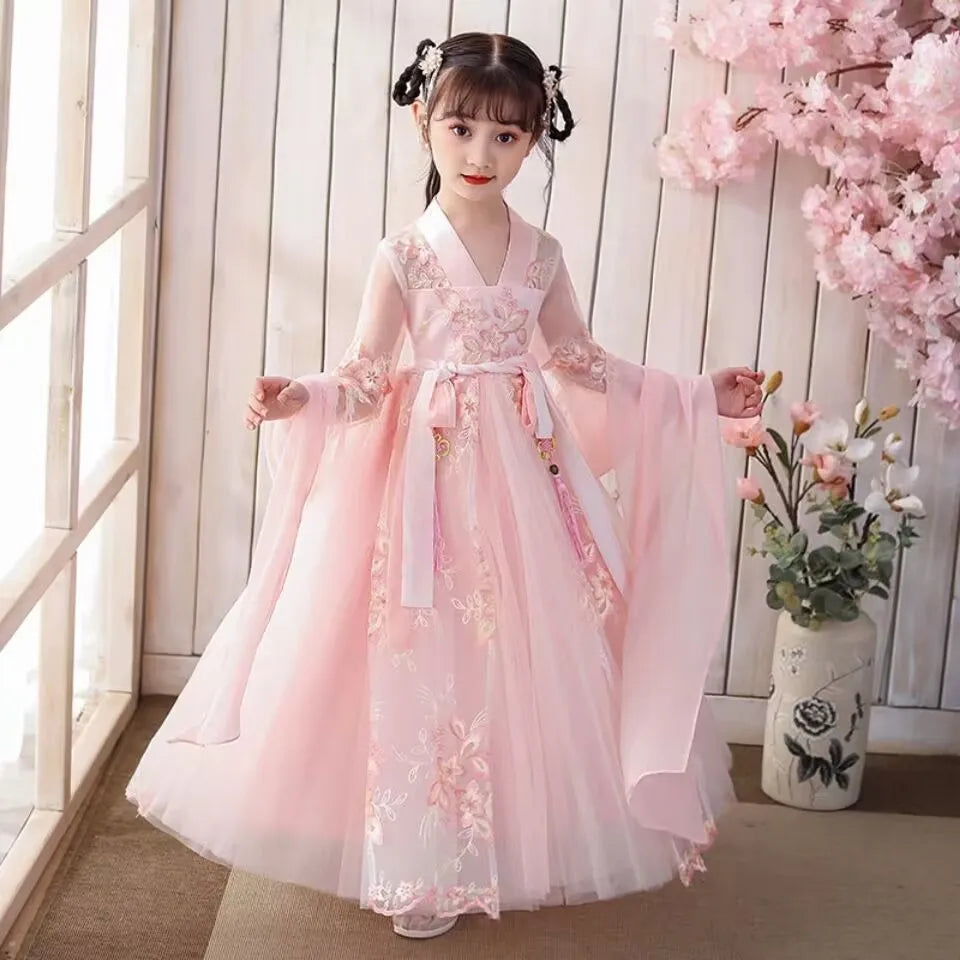 New Hanfu Girls Spring Autumn Child Costume Dress Flower Girl Cherry Blossom Tang Princess Dress Traditional Chinese Style Kids