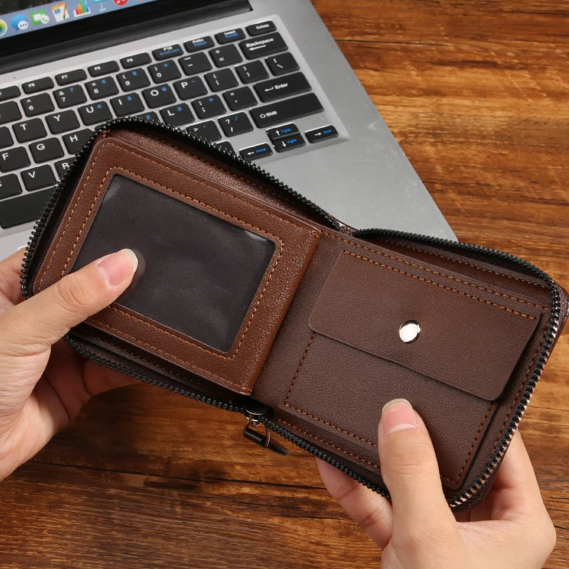 Men's wallet with driving license cover, vintage and simple, short and multi-functional card holder with zipper