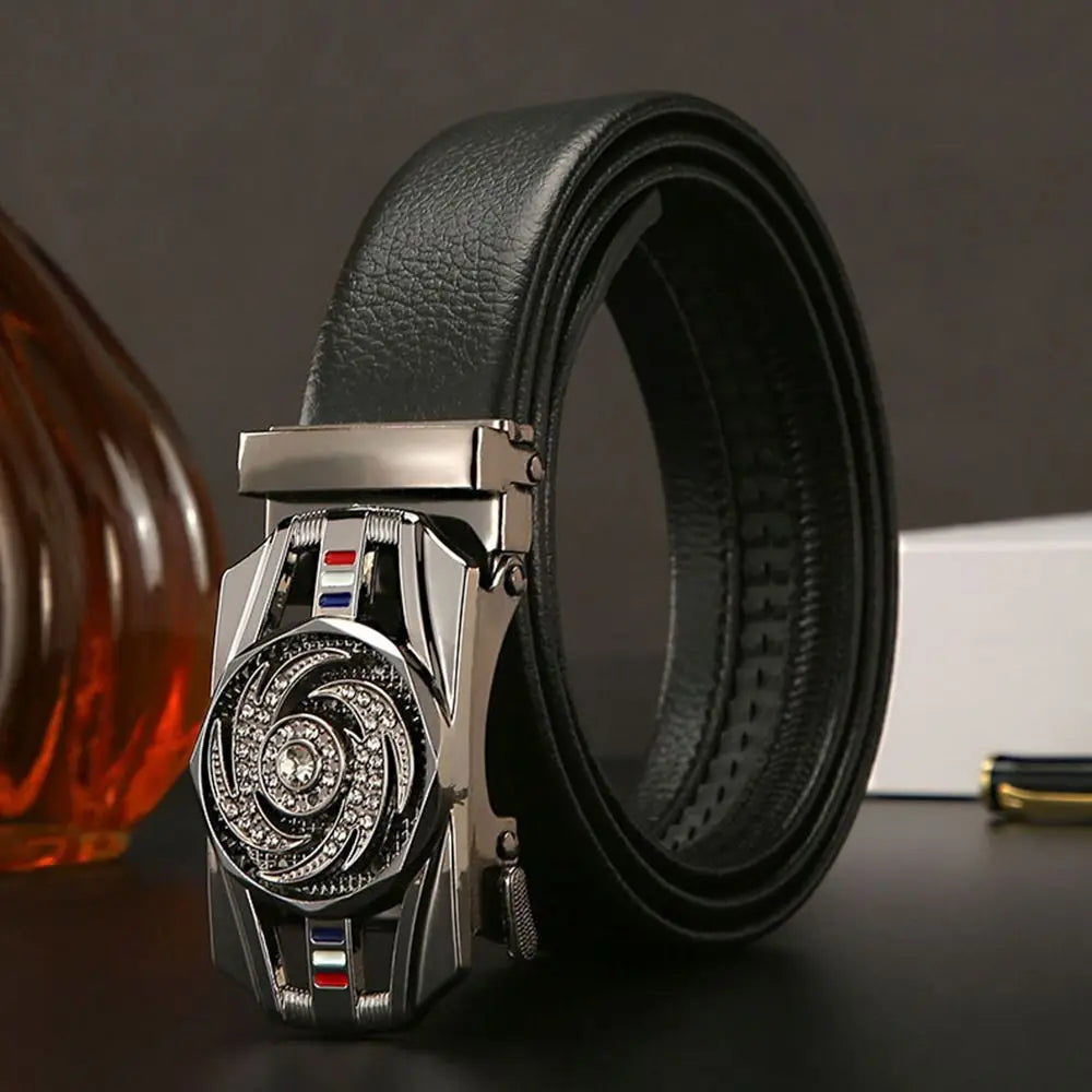 Leather Belt Men Business Time To Run Belt Man Automatic Buckle Golden Waist Buckle Rhinestone Decoration Males Luxury Belt