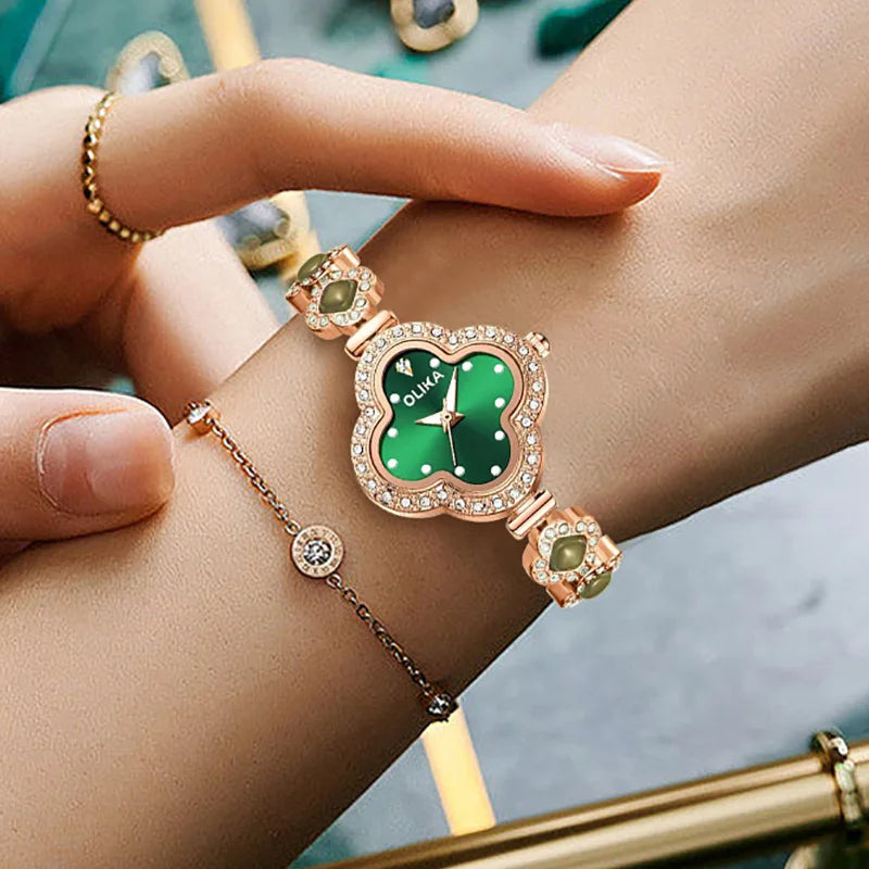 Fashionable ladies' watch, four-leaf clover malachite bracelet watch, water-resistant luminous quartz watch