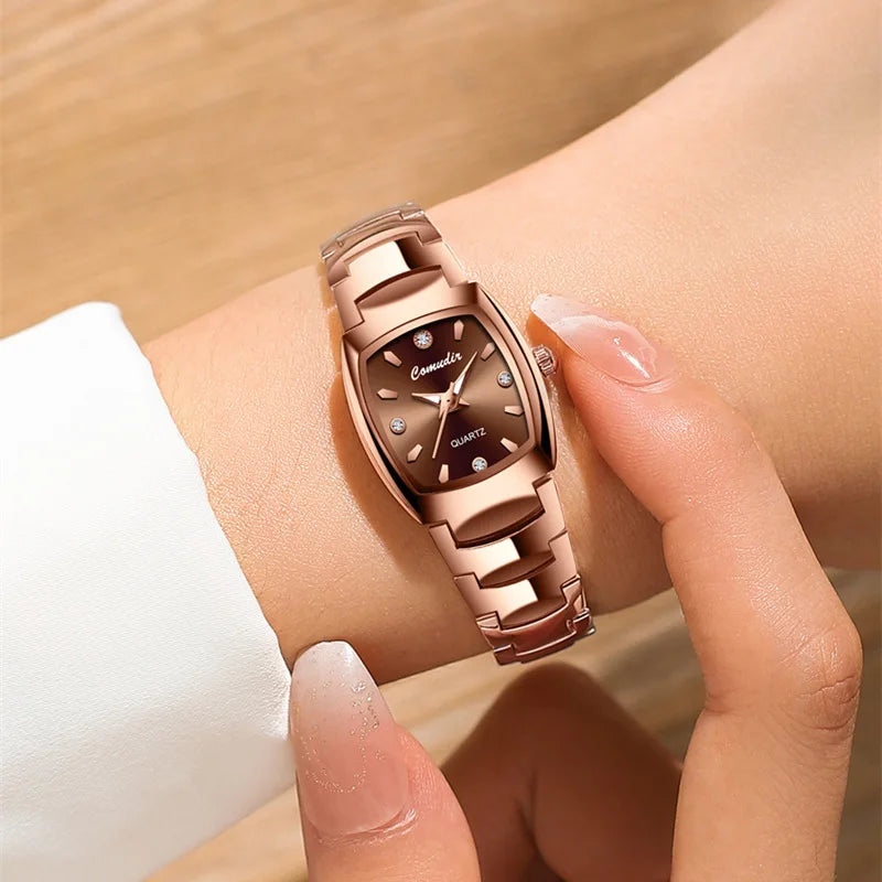 2025 Women's Tungsten Square Watch 30M Water-resistant, Slim Quartz with Diamond-Cut Bezel & Minimalist Dial for Global Export