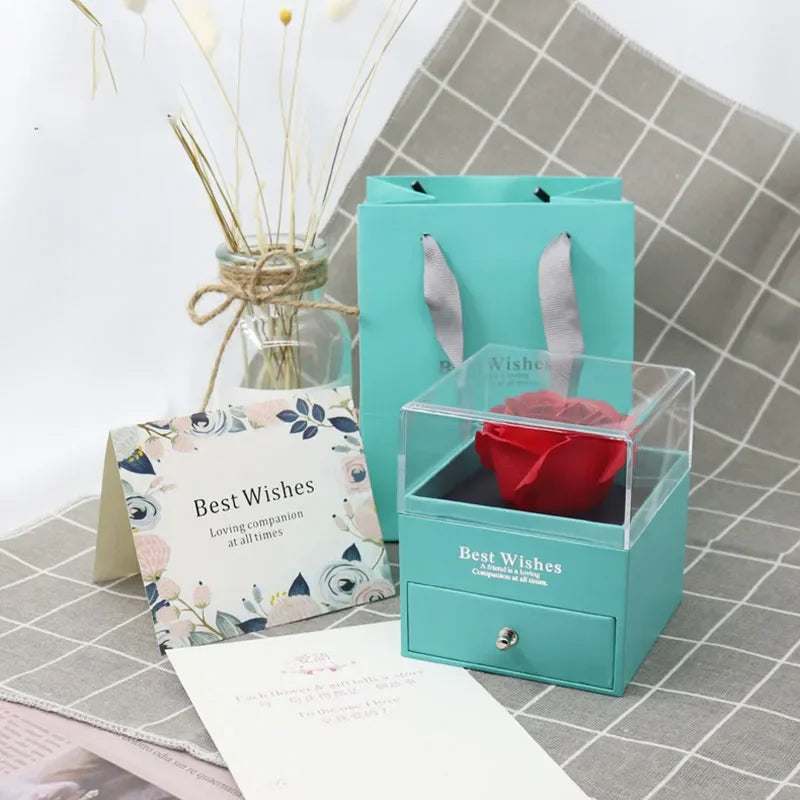 1 Rose Gift Box Artificial Flower Box+Carry Bag Ring Jewelry Storage Box Christmas Valentine's Day Mom Wedding Girlfriend Gifts