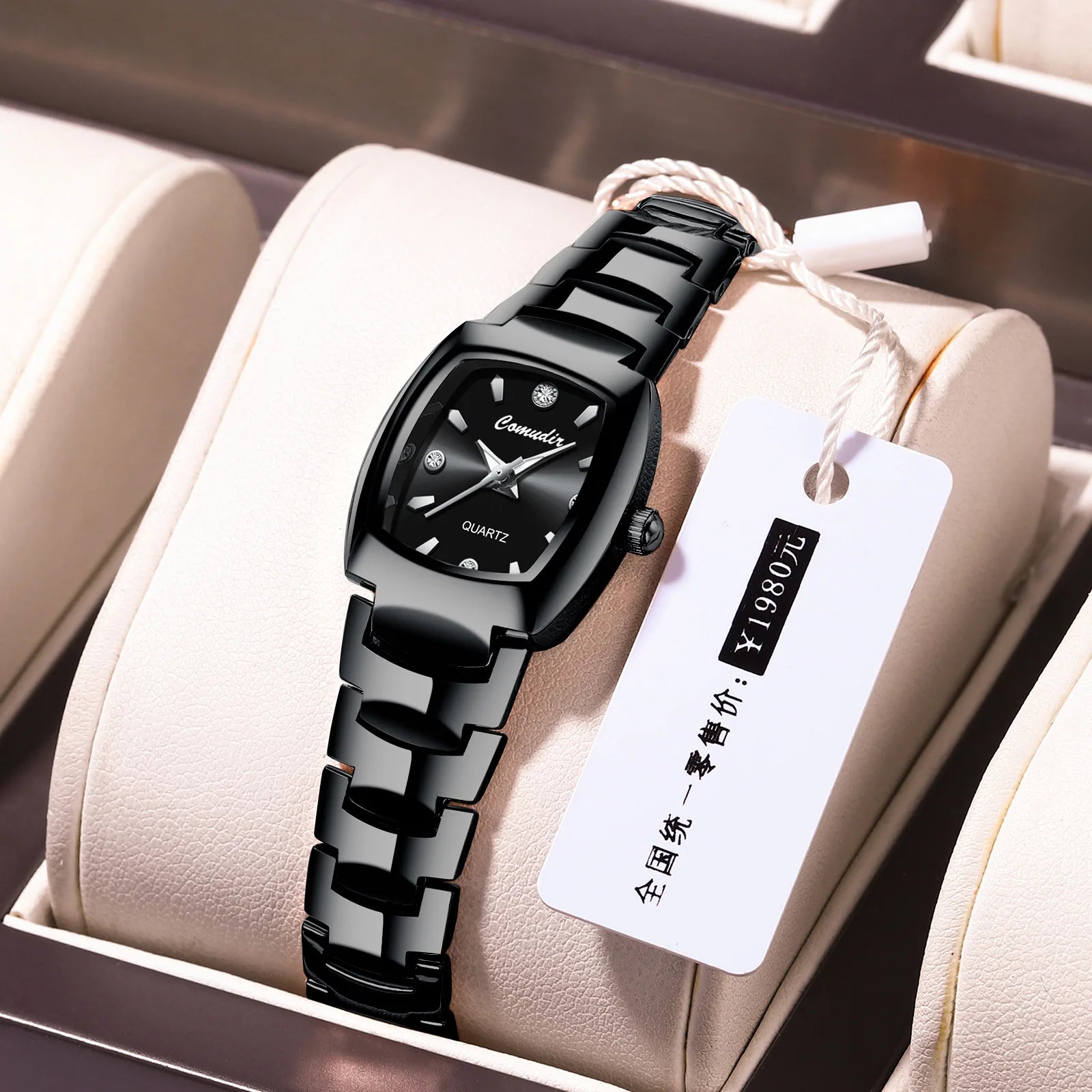 2025 Women's Tungsten Square Watch 30M Water-resistant, Slim Quartz with Diamond-Cut Bezel & Minimalist Dial for Global Export
