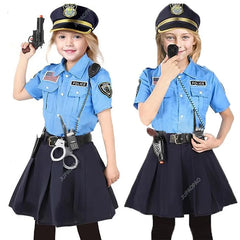 Halloween Kids Police Officer Uniform Costumes Cosplay Girl's Blue Police Dresses Costume for Christmas Party