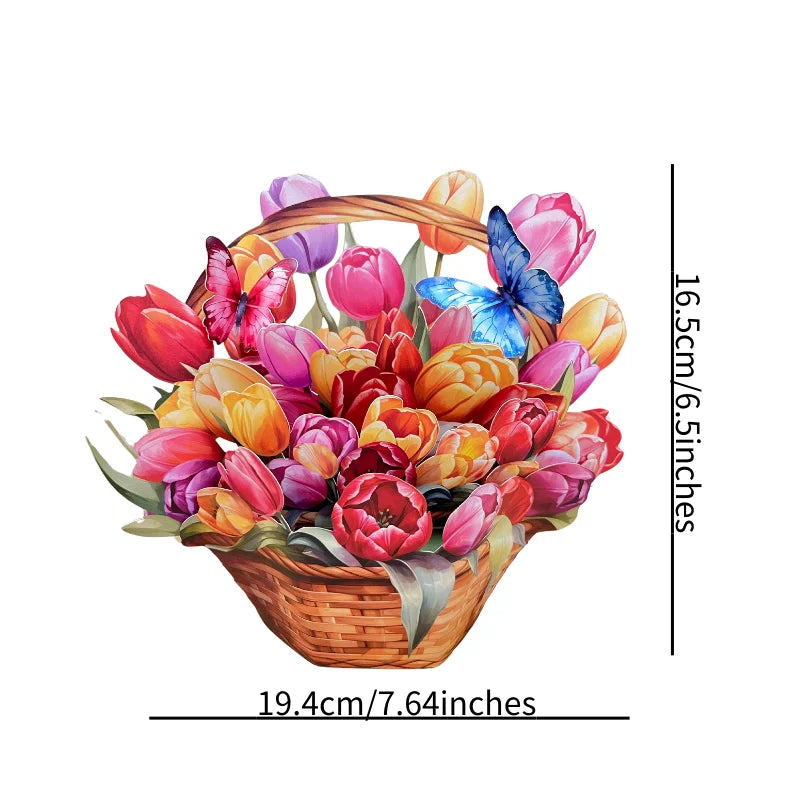 Mothers Day Pink Rose Flower Basket 3D Pop-up With Envelope