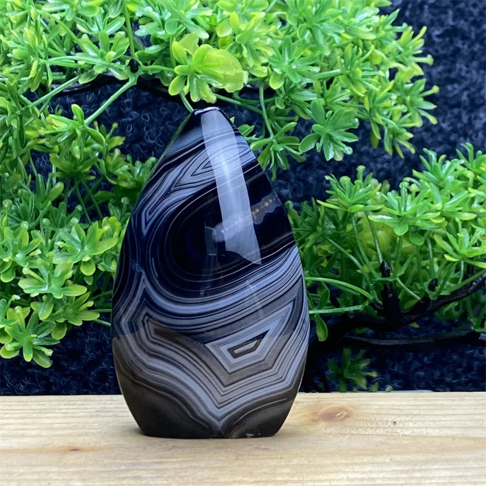 Natural Crystal Black Agate Silk Stripe Free Form Torch Reiki Healing Shape Meditation Feng Shui Home Decor Gift Warp Off Evil