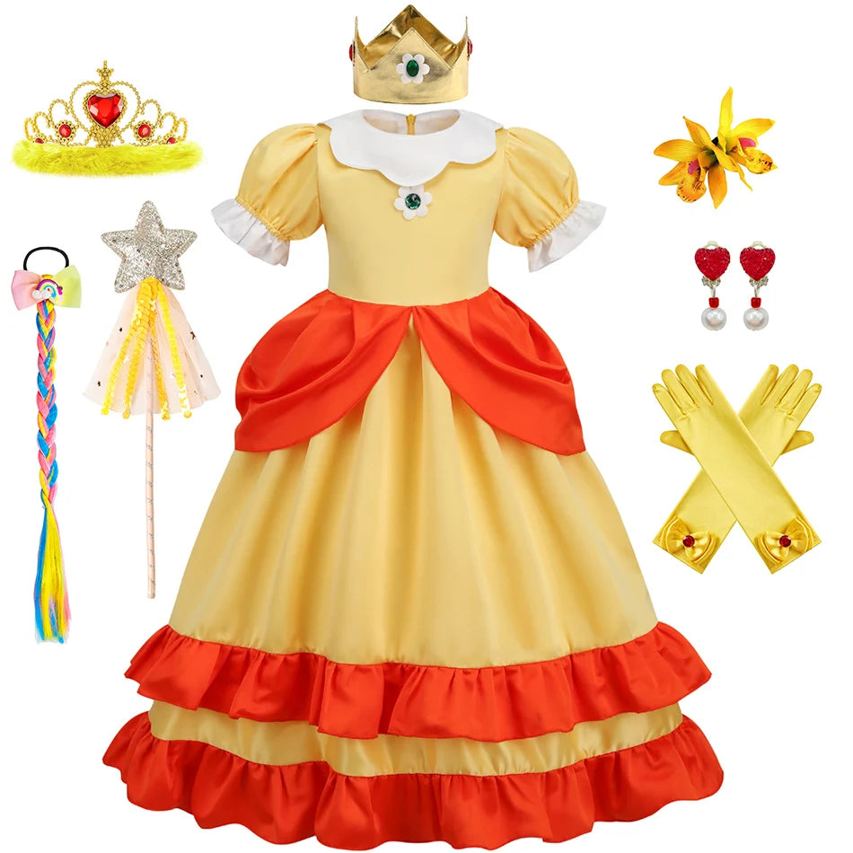 Daisy Princess Dress Girl Cartoon Movie Cosplay Costume Summer Kids Orange Party Outfits 2-10 Years Halloween Fancy Clothes