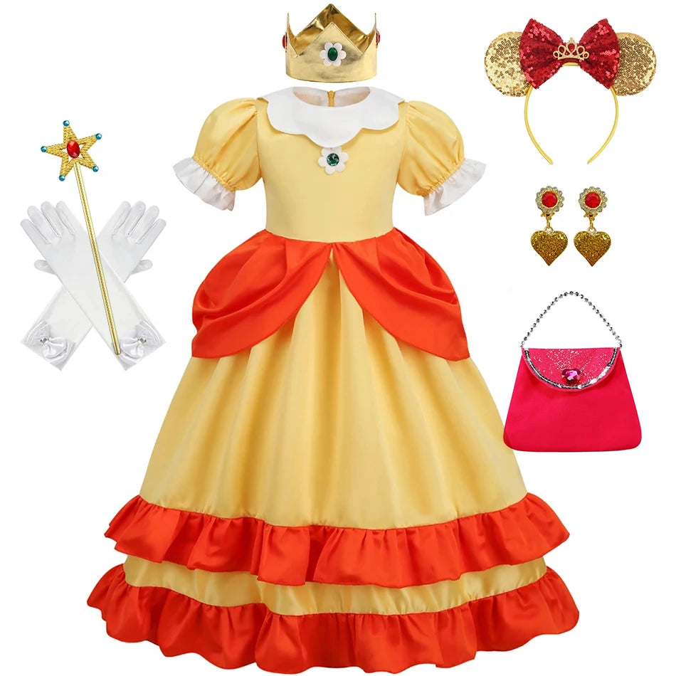 Daisy Princess Dress Girl Cartoon Movie Cosplay Costume Summer Kids Orange Party Outfits 2-10 Years Halloween Fancy Clothes