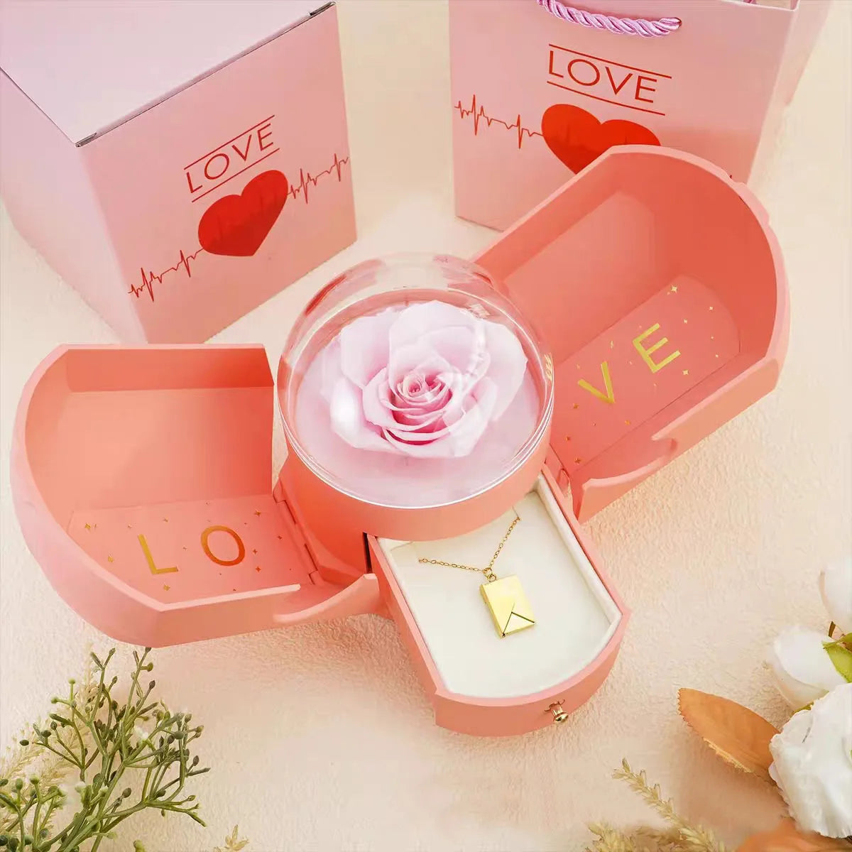 Surprise Flower Jewelry Box - Mysterious Unboxing with Rose Gold Dried Flowers & Hidden Love Drawer - Luxury Birthday Gift for H