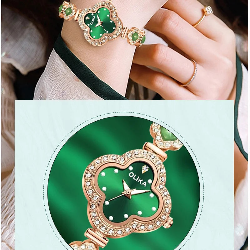 Fashionable ladies' watch, four-leaf clover malachite bracelet watch, water-resistant luminous quartz watch