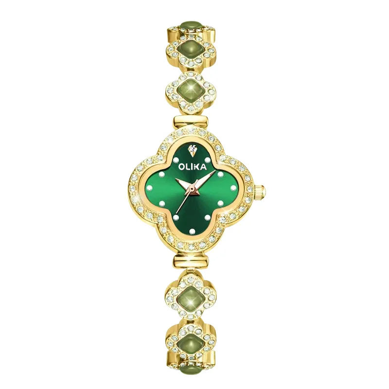 Fashionable ladies' watch, four-leaf clover malachite bracelet watch, water-resistant luminous quartz watch
