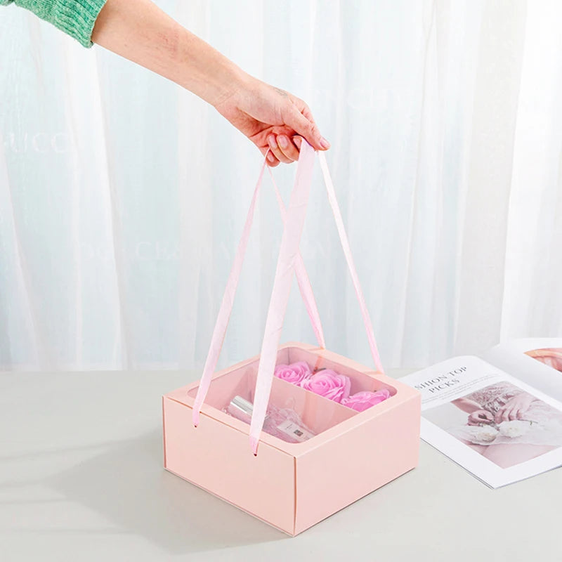 Flower Gift Box with Handle Transparent PVC Window Square Portable Rose Candy Dessert Packaging Box Wedding Party Present Decor