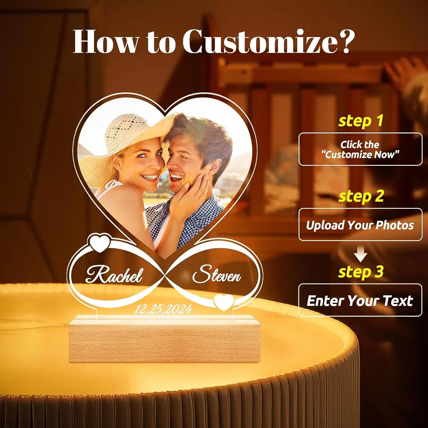 Custom Couples Gifts Personalized Photo Frame With Night Light Anniversary Valentine's Day Gifts for Women Men Girlfriend Him
