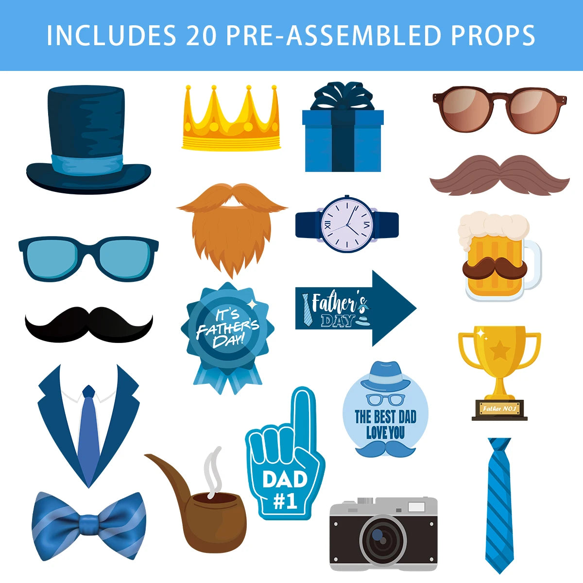 20pcs Father's Day Photo Booth Props Father Birthday Party Accessory Funny We Love Dad Theme Selfie Prop Happy Fathers Day Party