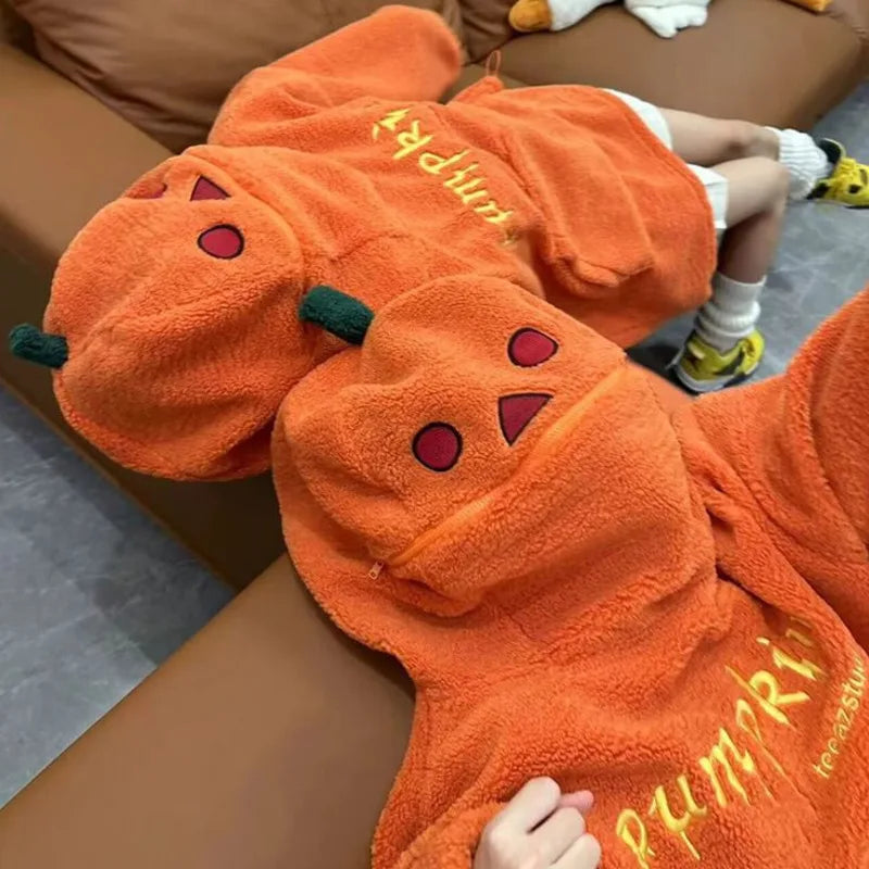 2024 Winter New Halloween Party Pumpkin Head Lamb Fleece Hoodie Women Men Unisex Hooded Sweatshirt Embroidery Thicken Streetwear