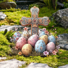 Easter Yard Sign Outdoor Decor Bunny Easter Eggs Garden Stakes Acrylic Easter Cross Plant Pot Sticks For Outside Patio Lawn