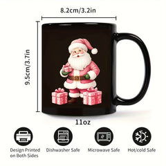 Christmas mug, a black Santa Claus holiday design with gifts, perfect for Christmas morning coffee or tea