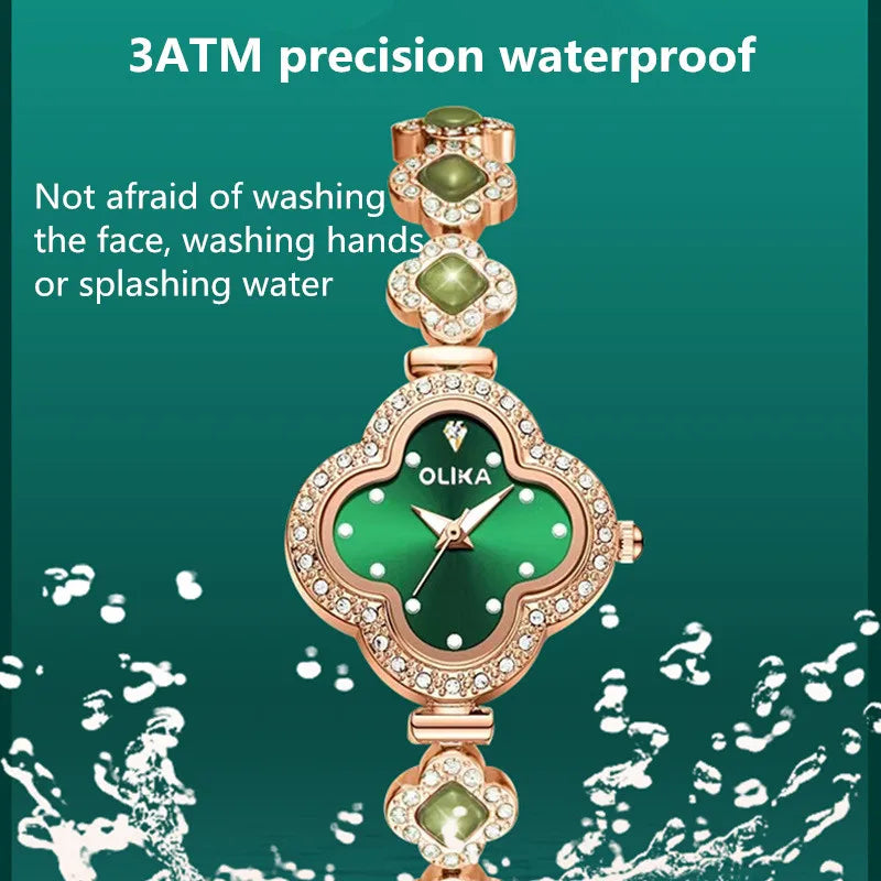 Fashionable ladies' watch, four-leaf clover malachite bracelet watch, water-resistant luminous quartz watch