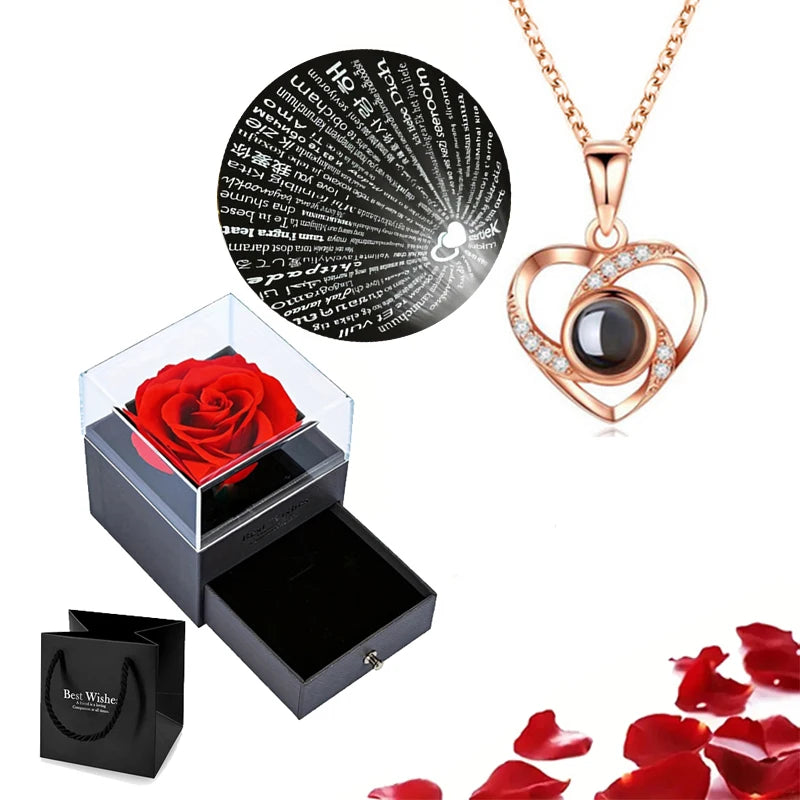 Christmas Gifts For Girlfriend 100 Languages I Love You Projection Necklace With Rose Gift Box 2023 Fashion Romantic Jewelry