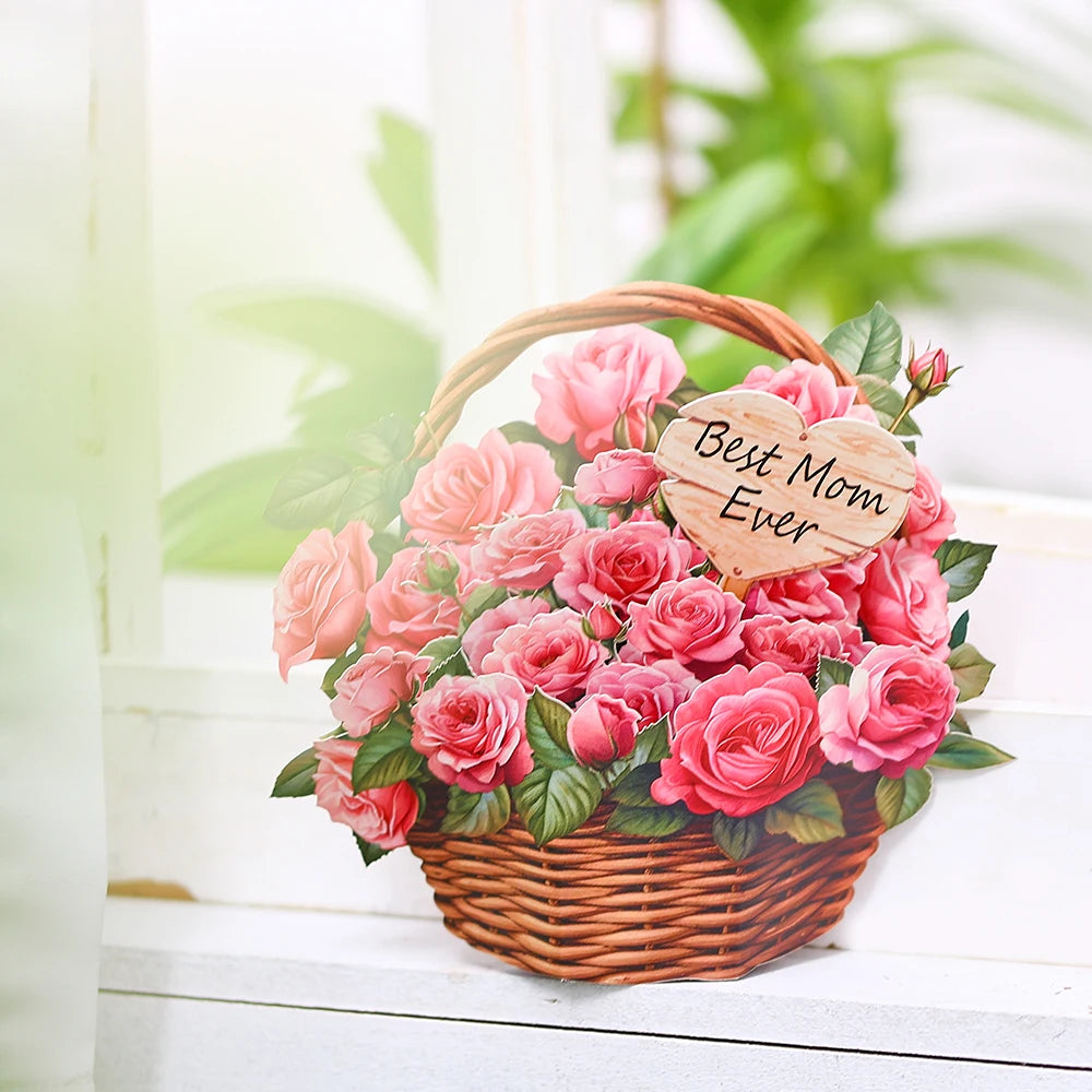 Mothers Day Pink Rose Flower Basket 3D Pop-up With Envelope
