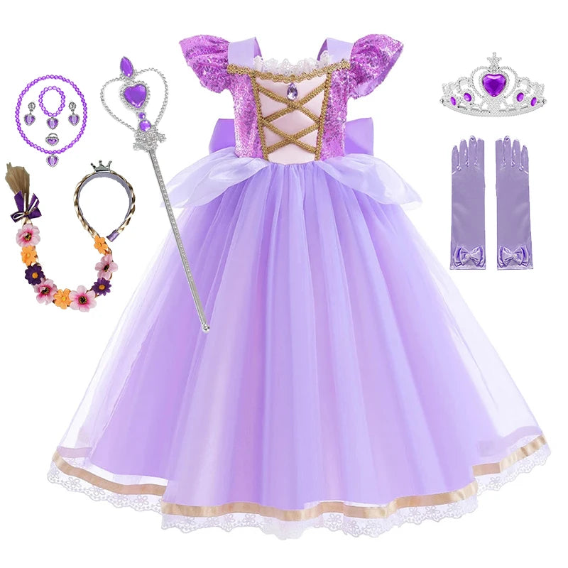 Girls Rapunzel Princess Costume Dresses Kids Summer Tangled Fancy Cosplay Dress Halloween Carnival Party Cosplay Vestido Dresses