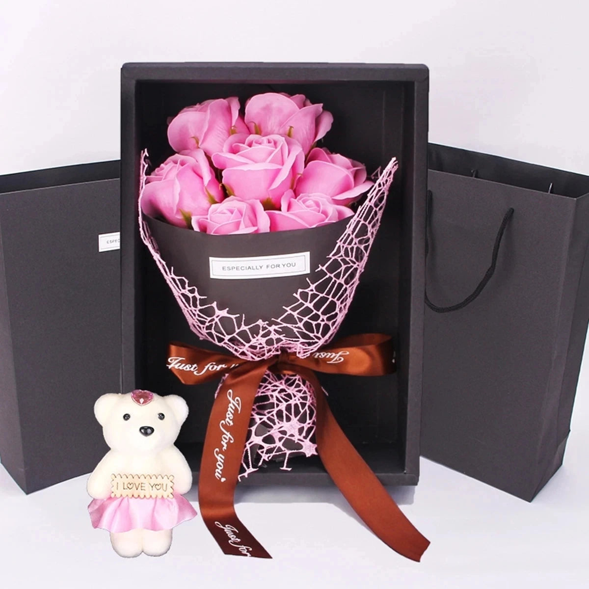 1Pc Handmade 7 Rose Soap Bouquet Little Bear Gift Box Creative Valentine's Day