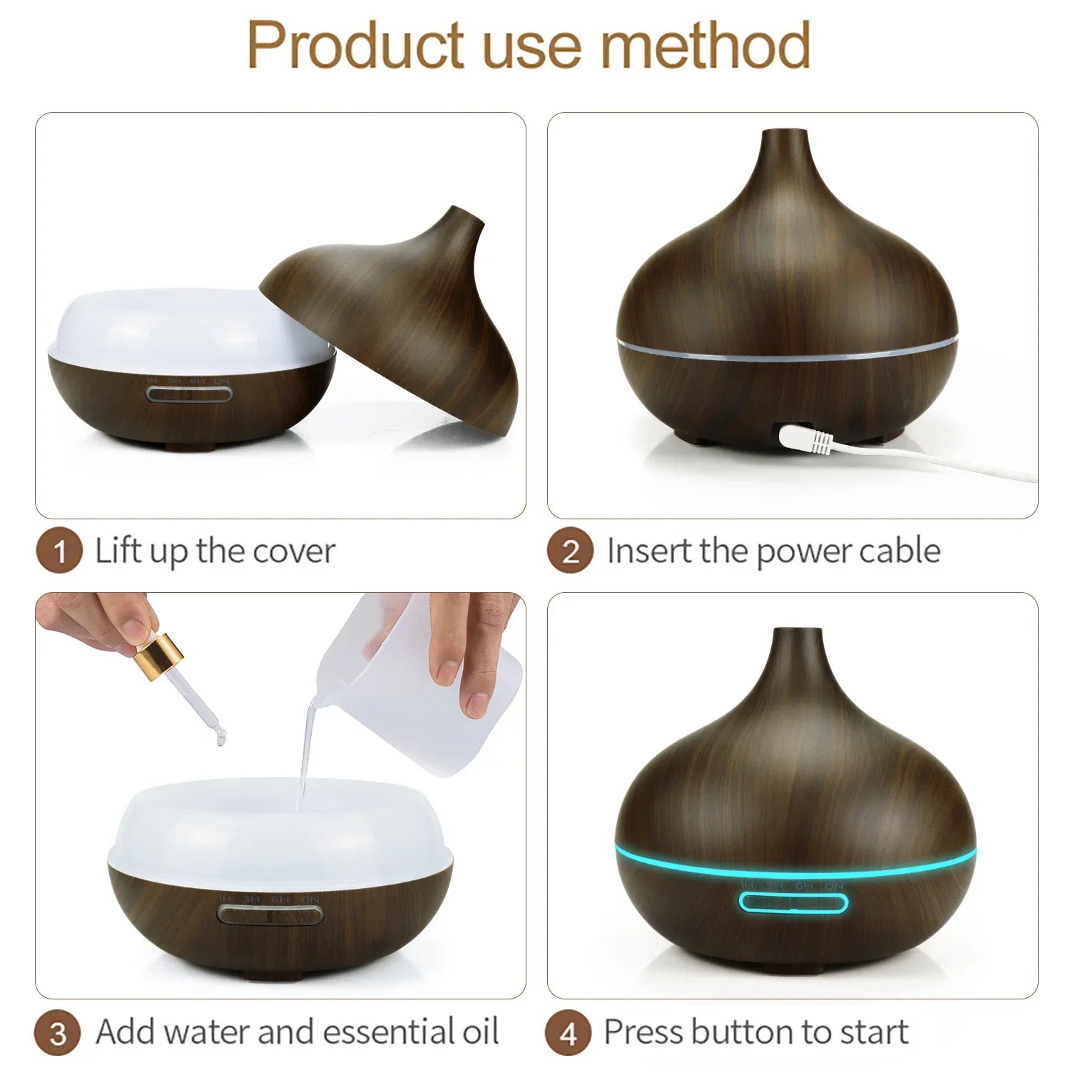 500ml Aroma Essential Oil Diffuser Wood Grain Air Humidifier Aromatherapy Ultrasonic Remote Control Color Light For Home Bedroom