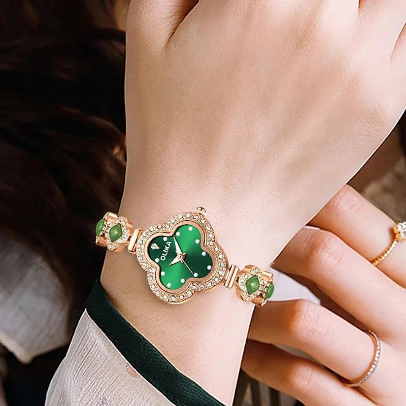 Fashionable ladies' watch, four-leaf clover malachite bracelet watch, water-resistant luminous quartz watch
