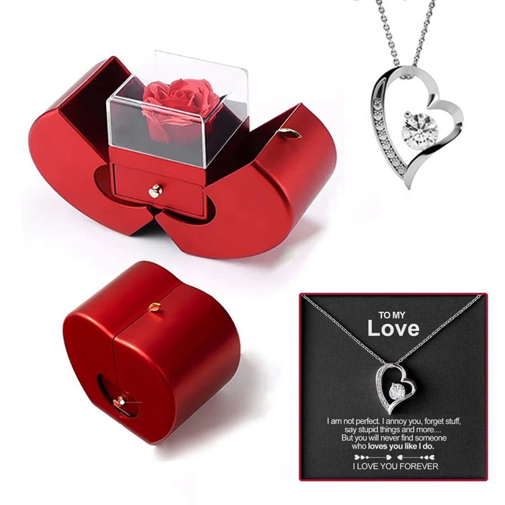 Anniversary Birthday Valentines Day Gifts Jewerlry Box Real Eternal Rose Flower With Necklace For Girlfriend Mom Wife Wedding