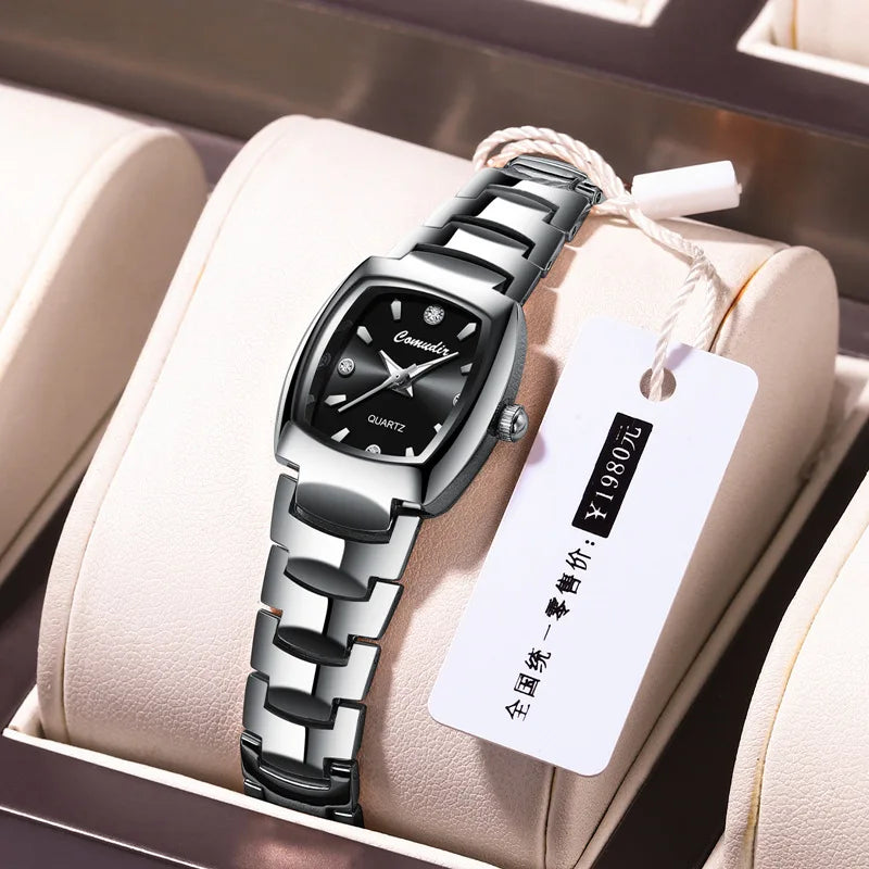 2025 Women's Tungsten Square Watch 30M Water-resistant, Slim Quartz with Diamond-Cut Bezel & Minimalist Dial for Global Export
