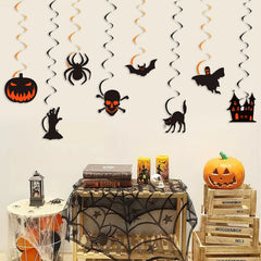 Halloween Hanging Swirl Decorations, Pumpkin Spider Bat Skull Ghost Black Cat Cutout Ceiling Streamer Party Decor