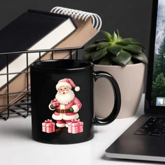 Christmas mug, a black Santa Claus holiday design with gifts, perfect for Christmas morning coffee or tea