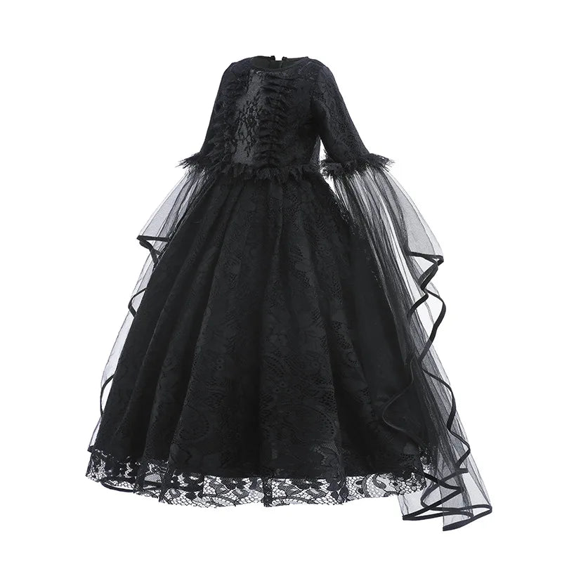 Maleficent Dress For Girls Luxury Lace Black Witch Frocks Kid Halloween Carnival Cosplay Costume Dark Theme Role Playing Outfits