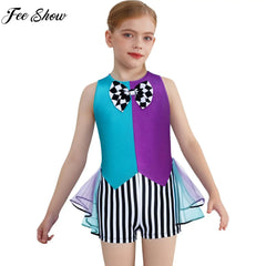 Kids Girls Halloween Mad Hatter Costume Fairytale Tea Party Bodysuit Bow Tie Mesh Tutu Stripe Leotard Circus Cosplay Clothes