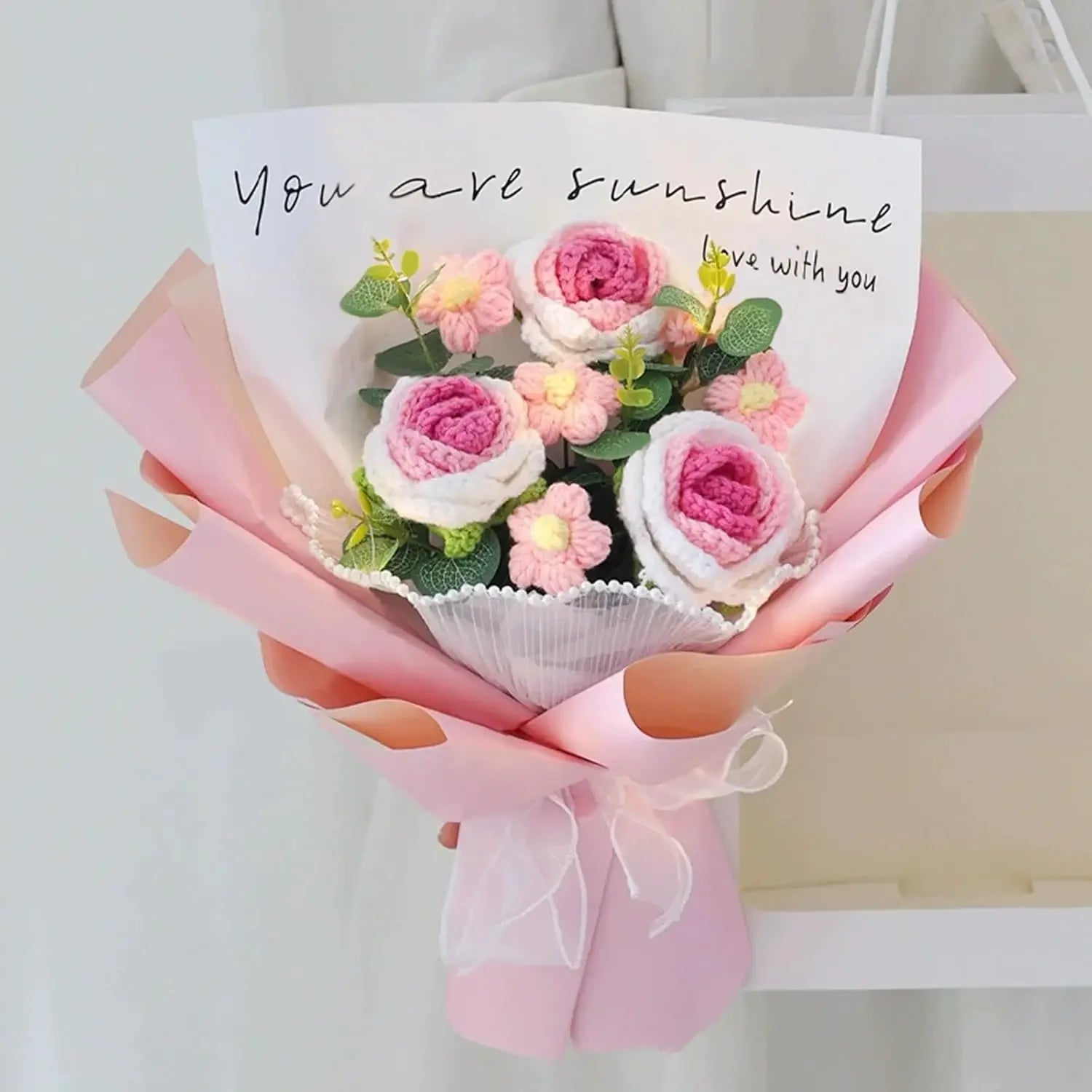 Simulation Knitting Wool Flower Rose Bouquet Tulips for Girlfriend Girlfriend Mom Birthday Gift Bouquet of Roses Flowers