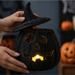 Halloween Decorations Hand-Woven Wicker Pumpkin Lantern Witch Hat Storage Box Home Decorative Statue Ornaments Christmas Decor