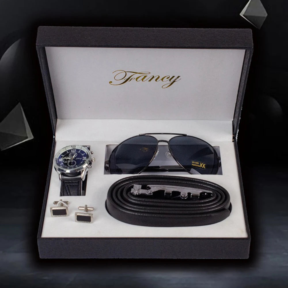 Men's Watches Business Gift Set Men Quartz Watch Sunglasses Belt Cufflins Set